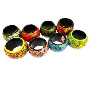 Vintage set of 8 painted wood napkin holder rings colorful ornate domed lacquer